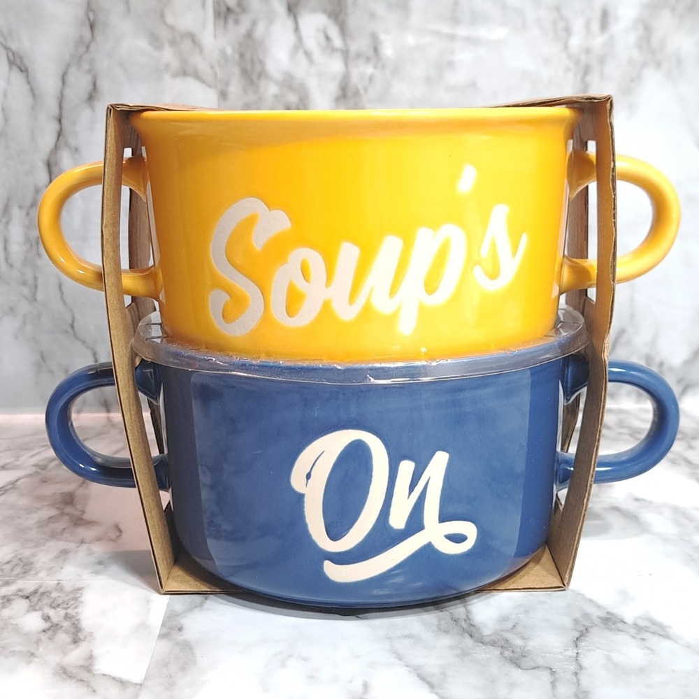 Set/2 ABODE Housewares Stoneware Bowls Yellow & Blue Soup's On 20 oz